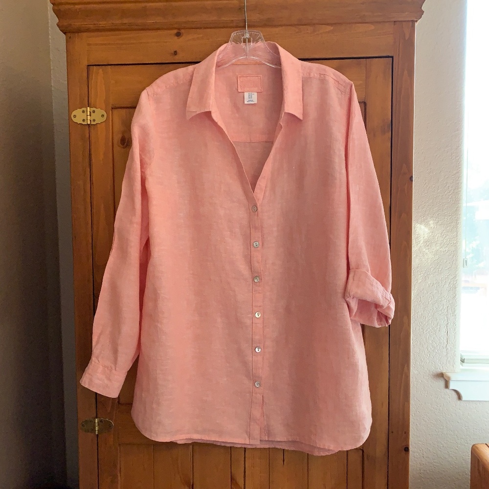 Sigrid Olsen Oversized 100% Linen V-Neck Tunic Blouse, Pink, XL
